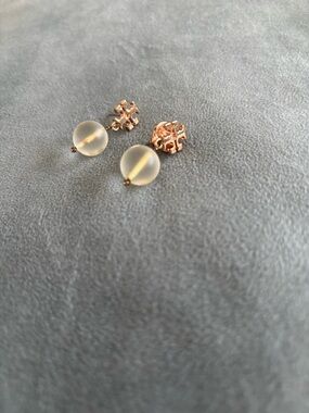 Tory Burch Gold Logo Stud Earrings with Frosted Bead Drops